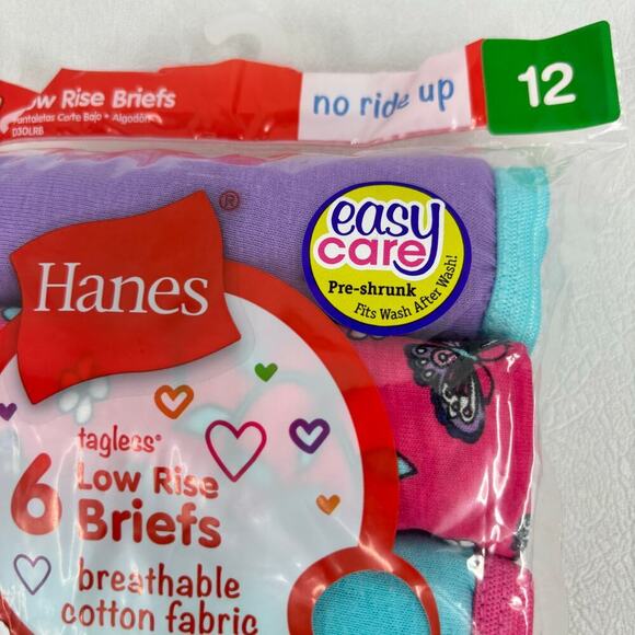 Hanes Low Rise Briefs Gril's Size 12 Cotton 6 Pack Tagless No Ride Up - Picture 2 of 6